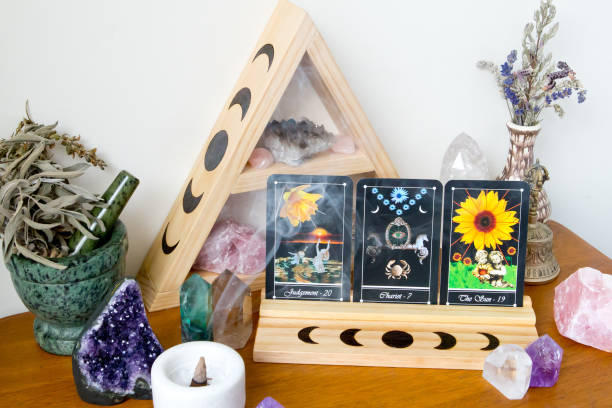 istock Tarot Cards on stand in Altar space with Moon phase design 1138310037