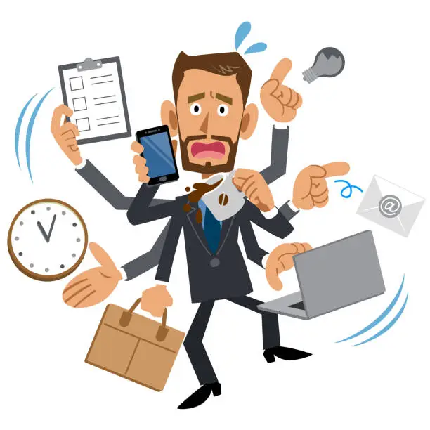Vector illustration of Businessman too busy, brown, beard