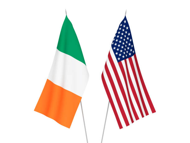 National fabric flags of America and Ireland isolated on white background. 3d rendering illustration.