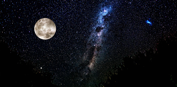 Full moon among dramatic stars including the Milky Way