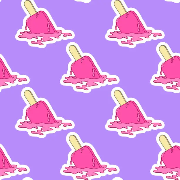 Vector illustration of Seamless pattern with pink ice cream dropped and melting on the floor isolated on purple background. Cute popsicle wallpaper. Vector illustration.