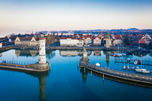 Old Rhinebridge in the city of Konstanz where the river Rhine flows out of the Bodensee In Germany during a beautiful summer day.