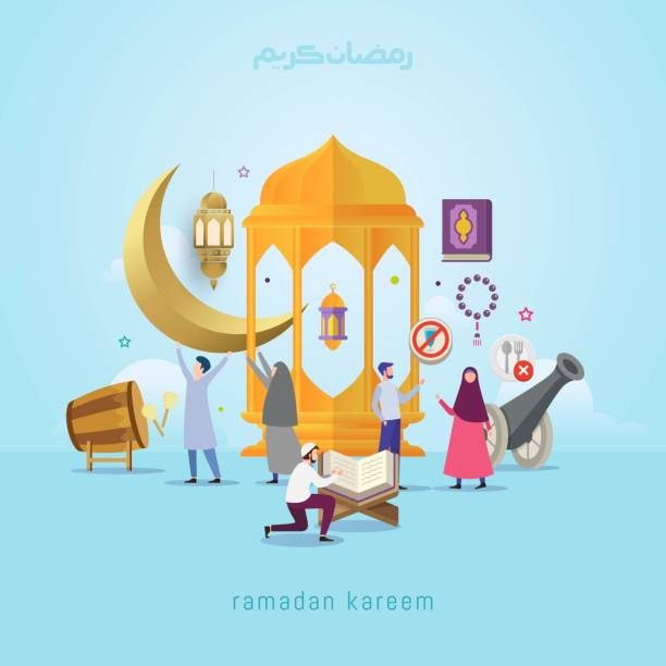 Ramadan kareem design concept for wallpaper Vector illustration ramadan kareem design concept with small people and muslim activity symbol mini cannons stock illustrations