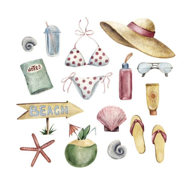 ilustrações de stock, clip art, desenhos animados e ícones de big set of summer apparel for beach vacation - slipper beach backgrounds sea