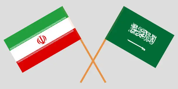 Vector illustration of Iran and Kingdom of Saudi Arabia. The Iranian and KSA flags. Official colors. Correct proportion. Vector