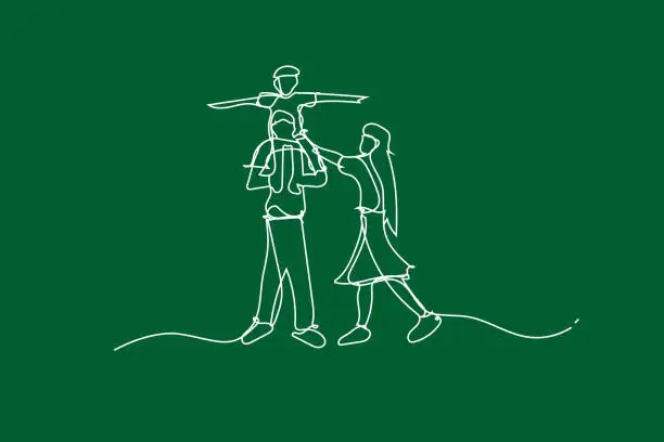 Vector illustration of illustration Happy family have fun with continuous white line drawing style,Draw white line of Children playing in garden park,Creative Simple lines idea family ecology environment