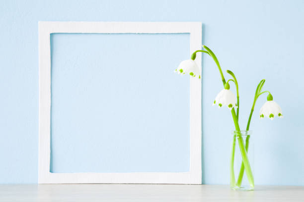 istock Fresh, beautiful snowdrops on shelf at pastel light blue wall. First messengers of spring. Empty place for inspirational, emotional, sentimental text, quote or sayings in white frame. Front view. 1138328461