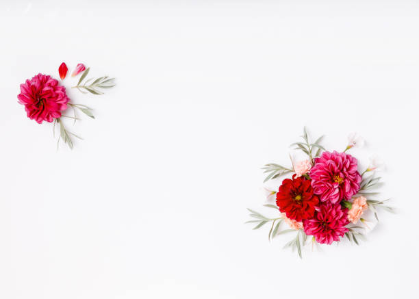 istock Festive flower composition on the white wooden background. Overhead view 1138328482