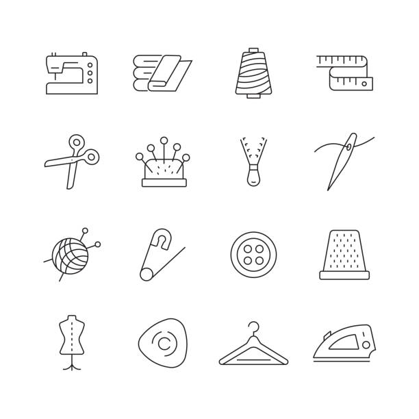 ilustraciones, imágenes clip art, dibujos animados e iconos de stock de costura relacionada-conjunto de iconos vectoriales de línea delgada - needle thread sewing red