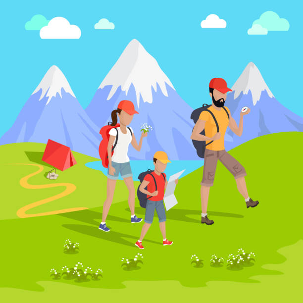 Mountain Tourism Concept Man traveler with backpack hiking equipment walking in mountains. Mountain tourism concept in cartoon design style. Family trip to the mountains Vector illustration tatra mountains stock illustrations