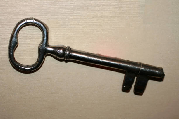 istock Old vintage key. Rare big key on a gray background. 1138341258