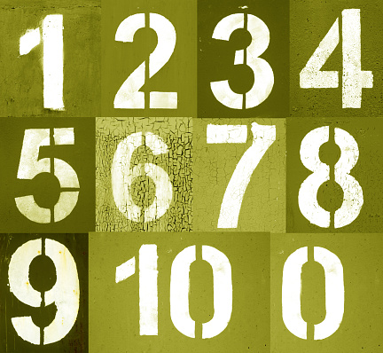 Numbers 0 to 10 in stencil on metal wall in yellow tone. Abstract background and texture for design.
