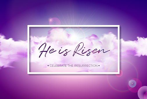 Easter Holiday illustration with cloud on cloudy sky background. He is risen. Vector Christian religious design for resurrection celebrate theme