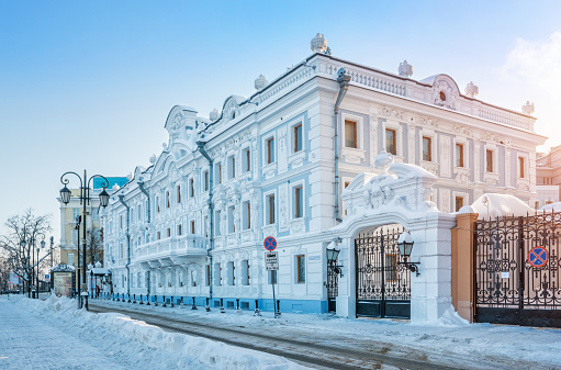Rukavishnikov Manor in Nizhny Novgorod on a winter snowy sunny day