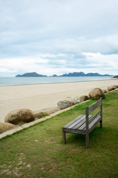 istock Empty wooden bench on the beach, looking into the wide and endless sea 1138343494
