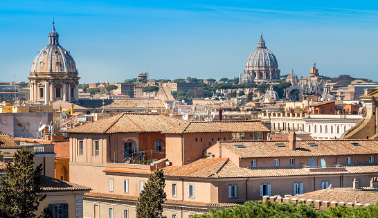 Rome, Italy, Mar 15 - A view of the rooftops of Rome from the belvedere of the Vittoriano (National Memorial Monument), a memorial in the heart of Rome dedicated to King Vittorio Emanuele II, the first King of Italy, and to the fallen soldiers of the First World War.