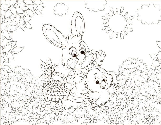 hase und tschick mit einem osterkorb - baumwollschwanzkaninchen stock-grafiken, -clipart, -cartoons und -symbole