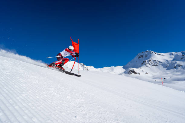 istock professional ski racer during giant slalom training 1138353140