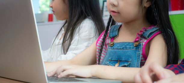 istock Cute little asian girl using laptop 1138353664