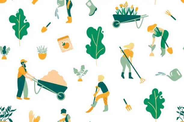 Vector illustration of Seamless pattern on the theme of gardening. A set of objects and people involved in the care of plants. Gardeners men and women, care tools, trees and plants. Vector illustration.