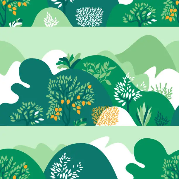 Vector illustration of Seamless pattern hilly landscape with trees, bushes and plants. Growing plants and gardening. Protection and preservation of the environment. Earth Day. Vector illustration.