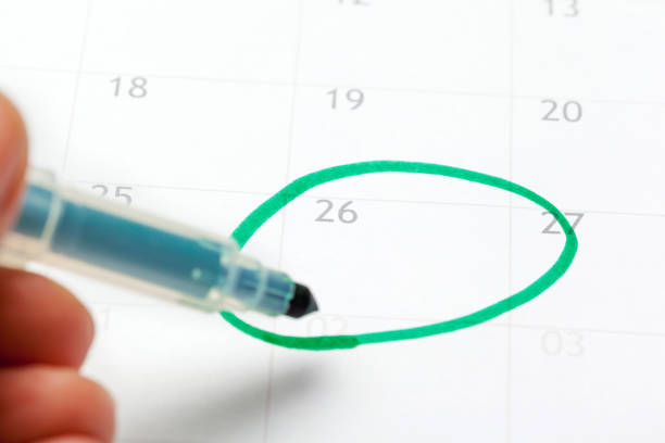 istock Closeup of dates on calendar page 1138356448