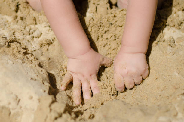 petites mains d'un enfant creusant du sable - sandbox child human hand sand photos et images de collection