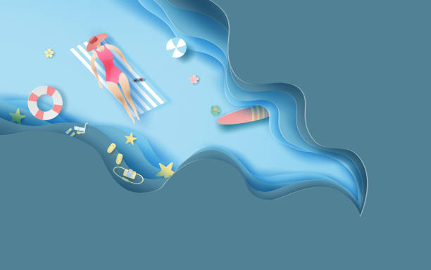 istock 3d paper art of top view women in  summer beach with abstract curve wave layer blue background. Paper craft summertime top view concept. Creative design summer season for pastel color background. vector 1138358428