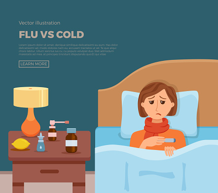 Sick Girl In Bed With The Symptoms Of Cold Flu Cartoon Vector Character On  Pillow With Blanket And Scarf Medicine Lemon Thermometer Illustration Of  Unhealthy Woman With A High Fever Headache Stock