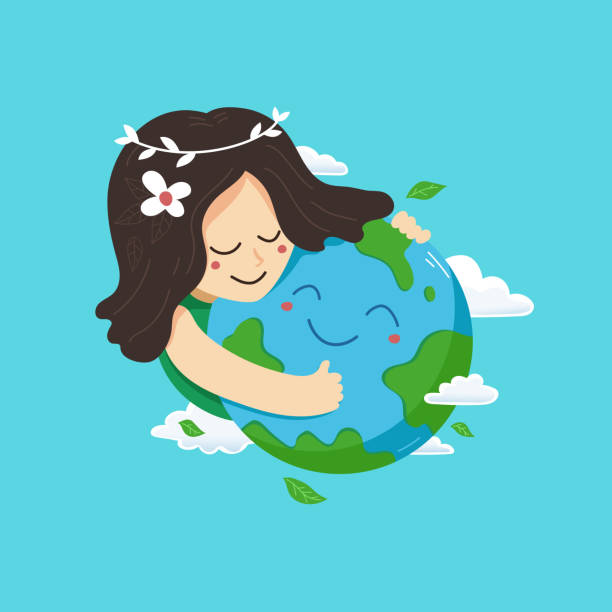 illustrazioni stock, clip art, cartoni animati e icone di tendenza di illustrazione vettoriale della festa della terra madre - teenager globe women world map