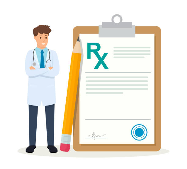 ilustrações de stock, clip art, desenhos animados e ícones de medicine illustration isolated on white background. doctor writing rx medical prescription. healthcare and pharmacy concept. flat style. - prescription doctor rx pharmacist