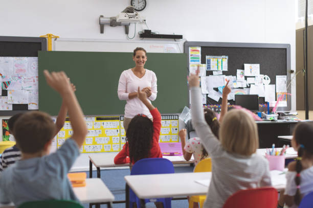 istock School kids raising hand while they are sitting on their chair 1138365943