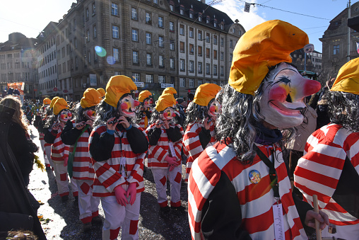The Carnival of Basel (Basler Fasnacht) is the biggest carnival in Switzerland and takes place every year between February and March in Basel. The Image shows the main carnival parade in the old town.
