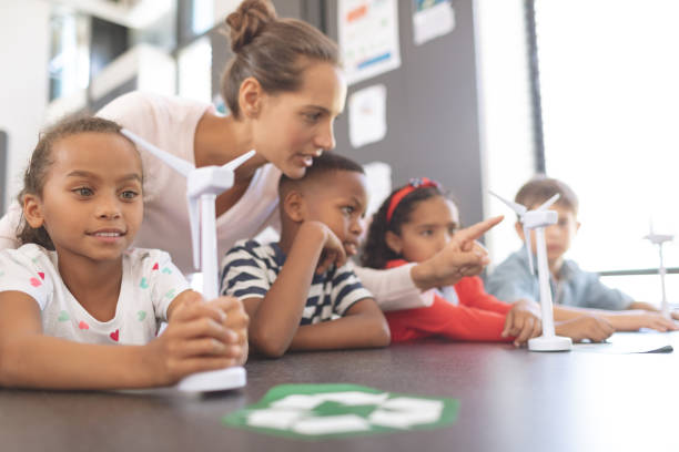 istock Teacher explaining about windmill to school kids at school in classroom 1138366289
