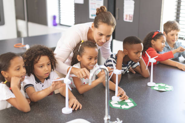 istock Teacher explaining about windmill to school kids at school in classroom 1138366304