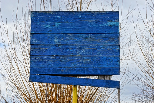 old blue wooden basketball backboard against the background of branches and sky