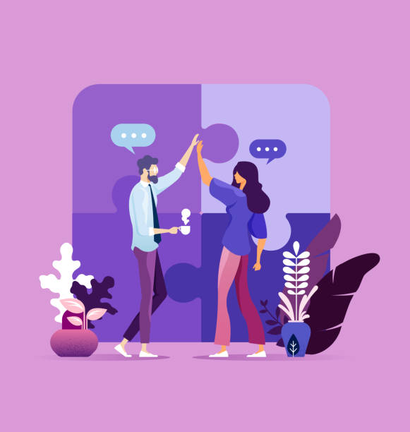 Give me high-five. Teamwork success Give me high-five. Teamwork success. Business team connecting puzzle elements you and me stock illustrations