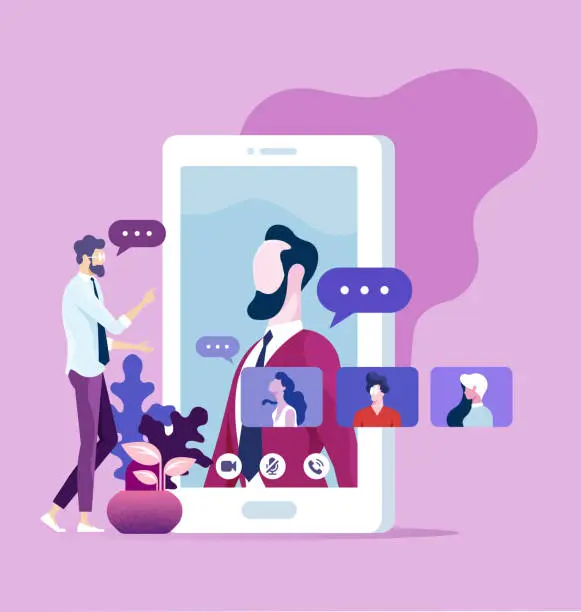 Vector illustration of Online communication concept. Office workers group video chat