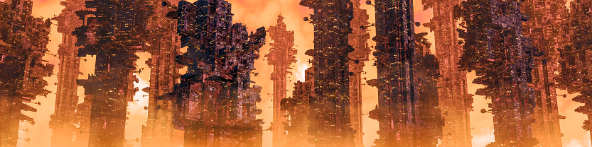 illustration of dark futuristic science fiction city on hot desert planet