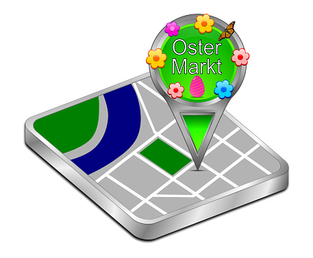 decorative green map pointer with easter market – illustration