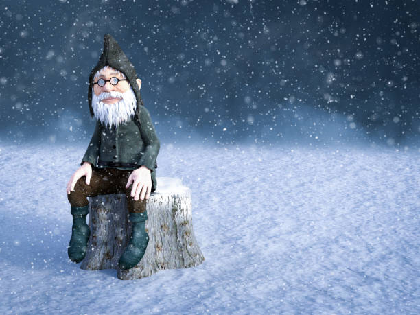 3D rendering of a fairy tale Christmas gnome or elf sitting on a tree stump surrounded by magical snow.