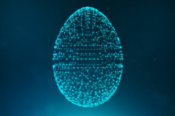 Abstract blue Easter eggs consisting of blue lines and glowing neon dots. Abstract egg triangle shape. Happy Easter Egg. 3D illustration Abstract blue Easter eggs consisting of blue lines and glowing neon dots. Abstract egg triangle shape. Happy Easter Egg, 3D illustration chicken balls stock pictures, royalty-free photos & images