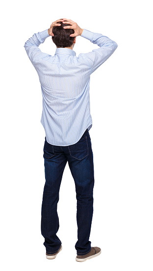 Back view of shocked business man. Upset adult businessman. Rear view people collection.  backside view of person.  Isolated over white background. The guy in the shirt is terrified.
