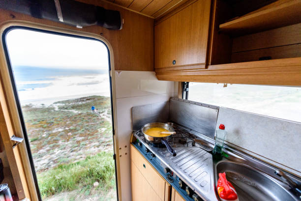 istock Cooking dinner or breakfast in camper RV with beach view. 1138374793