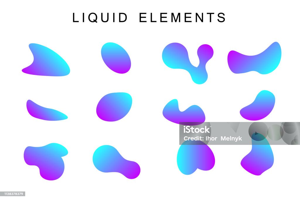 Colorful gradient fluid shapes Colorful gradient fluid shapes. Set isolated liquid elements of holographic chameleon design palette of shimmering colors. Template of fluid organic shapes with plastic lines and form Abstract stock vector