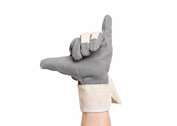 Worker showing action gesture. Male hand wearing working glove, isolated on white background.