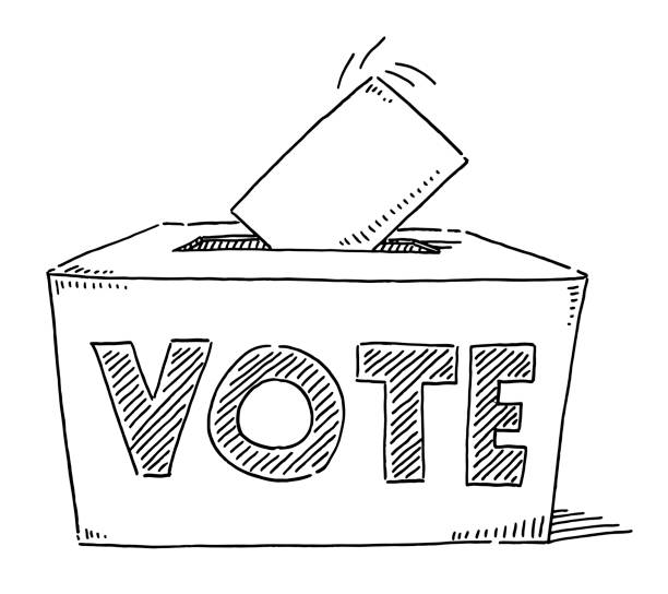Vote Text On Ballot Box Drawing Hand-drawn vector drawing of a Vote Text On a Ballot Box. Black-and-White sketch on a transparent background (.eps-file). Included files are EPS (v10) and Hi-Res JPG. voting drawings stock illustrations