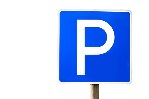 Blue parking sign isolated on white background