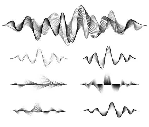 Vector illustration of Wave sound vector set. Music soundwave design, black isolated on white background. Radio frequency lines and dots