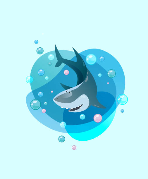 Cute cartoon shark Cute smiling shark. Kind cartoon character swimming through waves. Modern gradient vector illustration. For print, poster, sticker, label, greeting card, design sharks in water stock illustrations